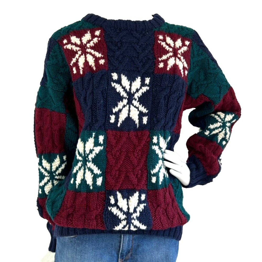 Vintage Embassy Row Hand Knit Wool Sweater Snowflake Patchwork Coledale Med EUC